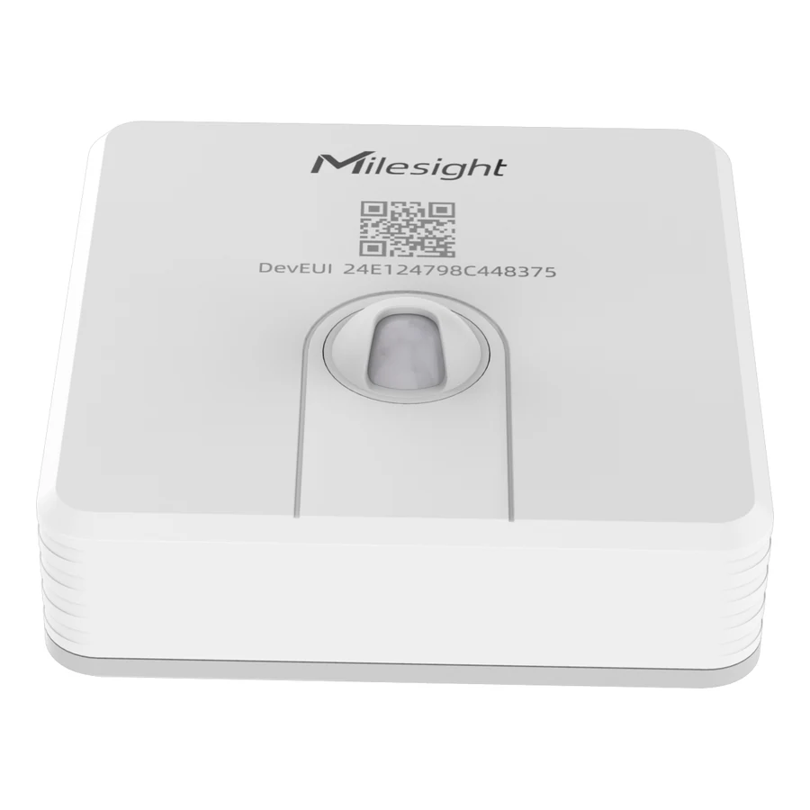 Milesight VS340 の斜め前からの外観。中央の丸い窪みに PIR センサーのドームがある