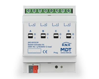 KNX Switch Actuator 4-channel, 4 SU MDRC, 16/20 A, 230 V AC, C-load, industry, 200 μF
