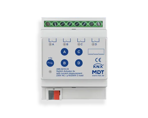 KNX Switch Actuator 4-channel, 4 SU MDRC, 16/20 A, 230 V AC, C-load, industry, 200 μF,