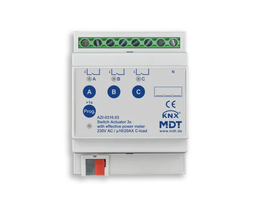 KNX Switch Actuator 3-channel, 4 SU MDRC, 16/20 A, 230 V AC, C-load, 200µF, effective power