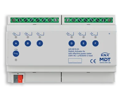 KNX Switch Actuator 6-channel, 8 SU MDRC, 16/20 A, 230 V AC, C-load, 200µF, effective power