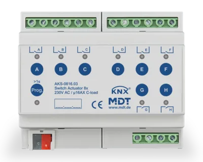 KNX Switch Actuator 8-channel, 6 SU MDRC, 16 A, 230 V AC, C-load, standard, 140 μF
