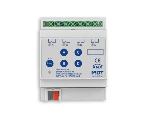 KNX Switch Actuator 4-channel, 4 SU MDRC, 16 A, 230 V AC, C-load, standard, 140 μF,