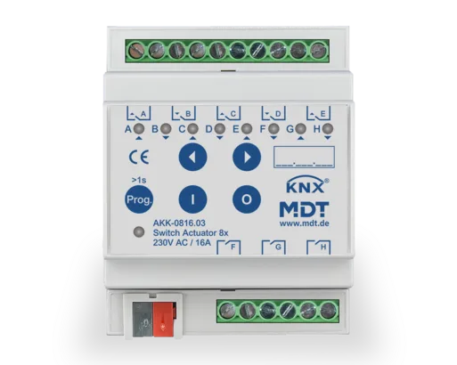 KNX Switch Actuator 8-channel, 4 SU MDRC, 16 A, 230 V AC, compact, 70 µF, 10 ECG