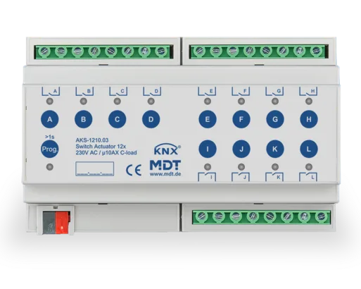 KNX Switch Actuator 12-channel, 8 SU MDRC, 10 A, 230 V AC, C-load, standard, 140 μF, Secure