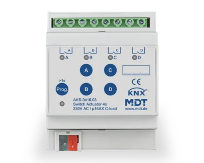 KNX Switch Actuator 4-channel, 4 SU MDRC, 16 A, 230 V AC, C-load, standard, 140 μF, Secure