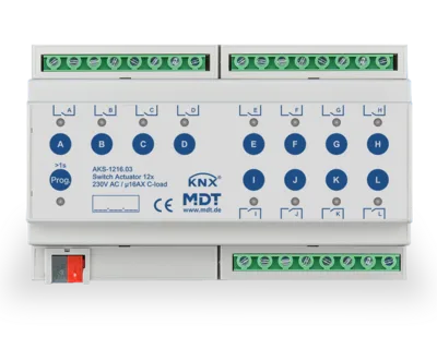 KNX Switch Actuator 12-channel, 8 SU MDRC, 16 A, 230 V AC, C-load, standard, 140 μF, Secure